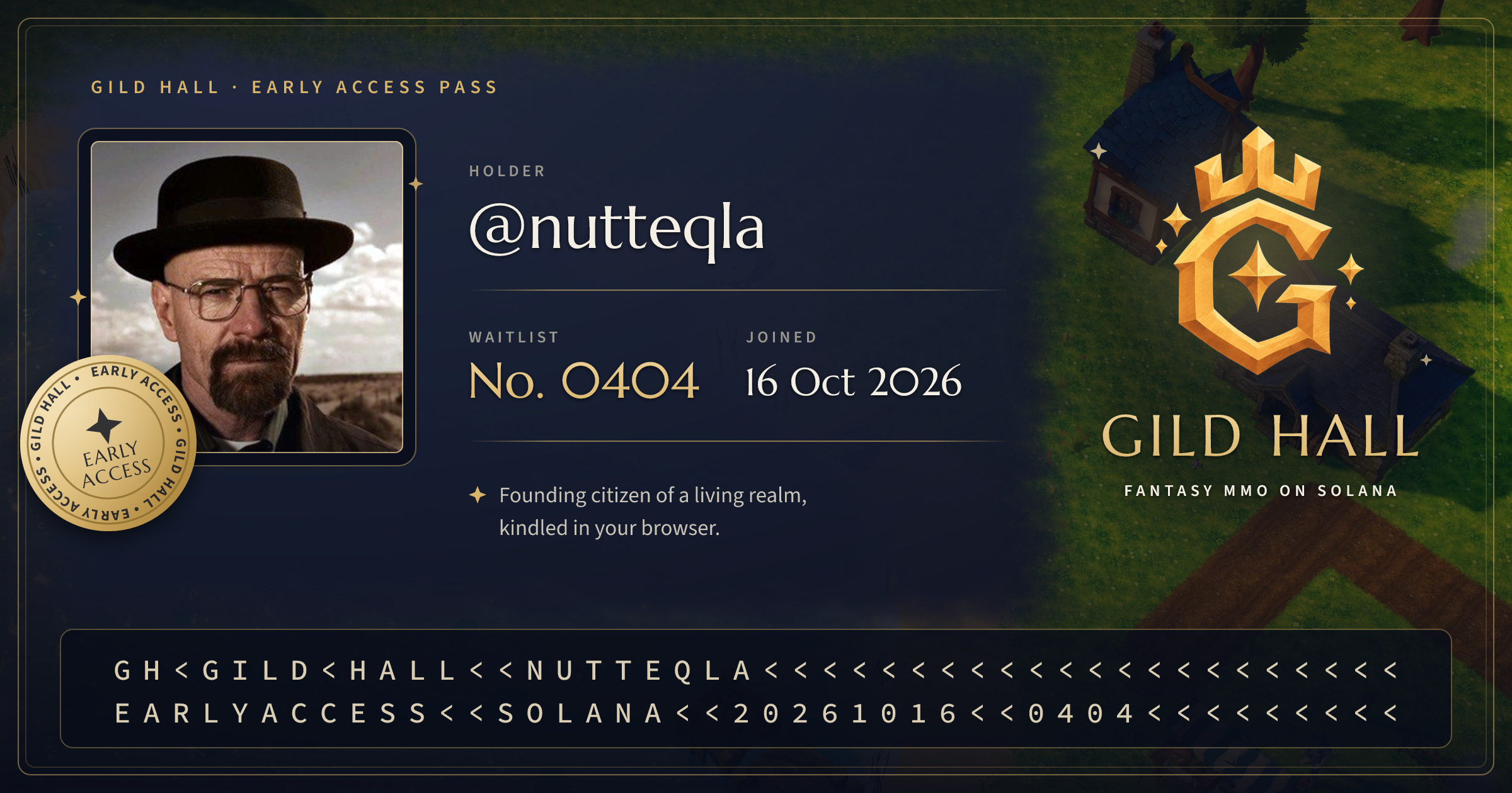 Gild Hall early access card of @nutteqla, No. 0404